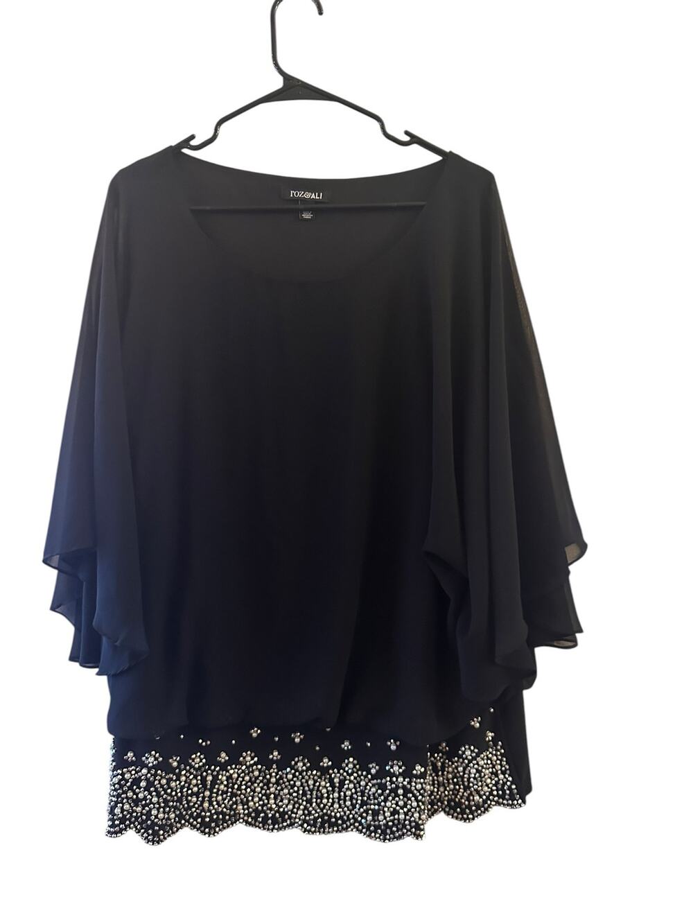 Roz & Ali Black Jeweled Trim Sheer Sleeve Dressy Blouse Women Sz 2X